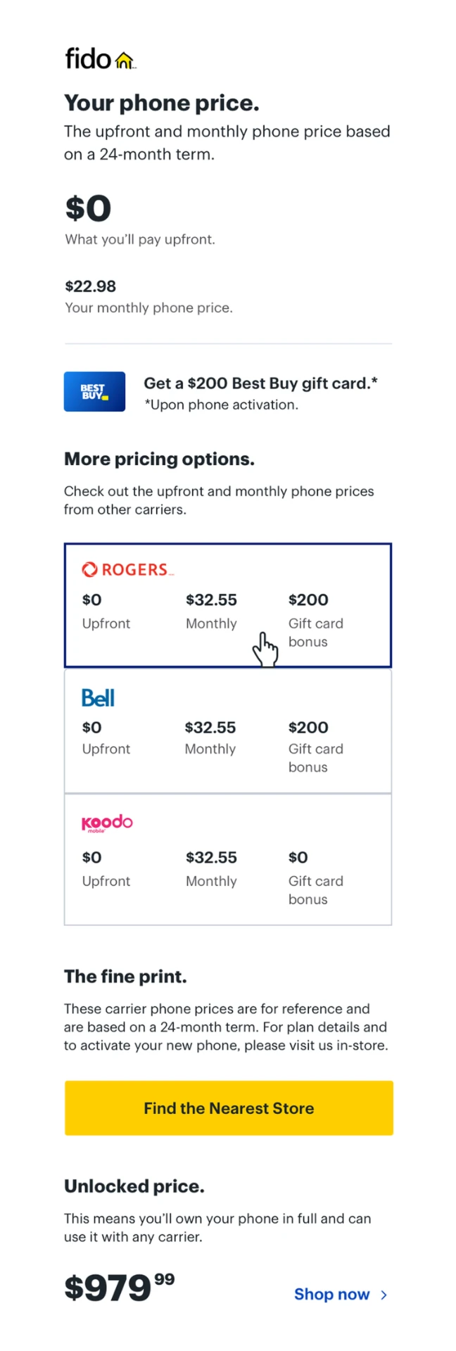 After: the redesigned product page showing phone price, more pricing options, the fine print, a find the nearest store button and unlocked price