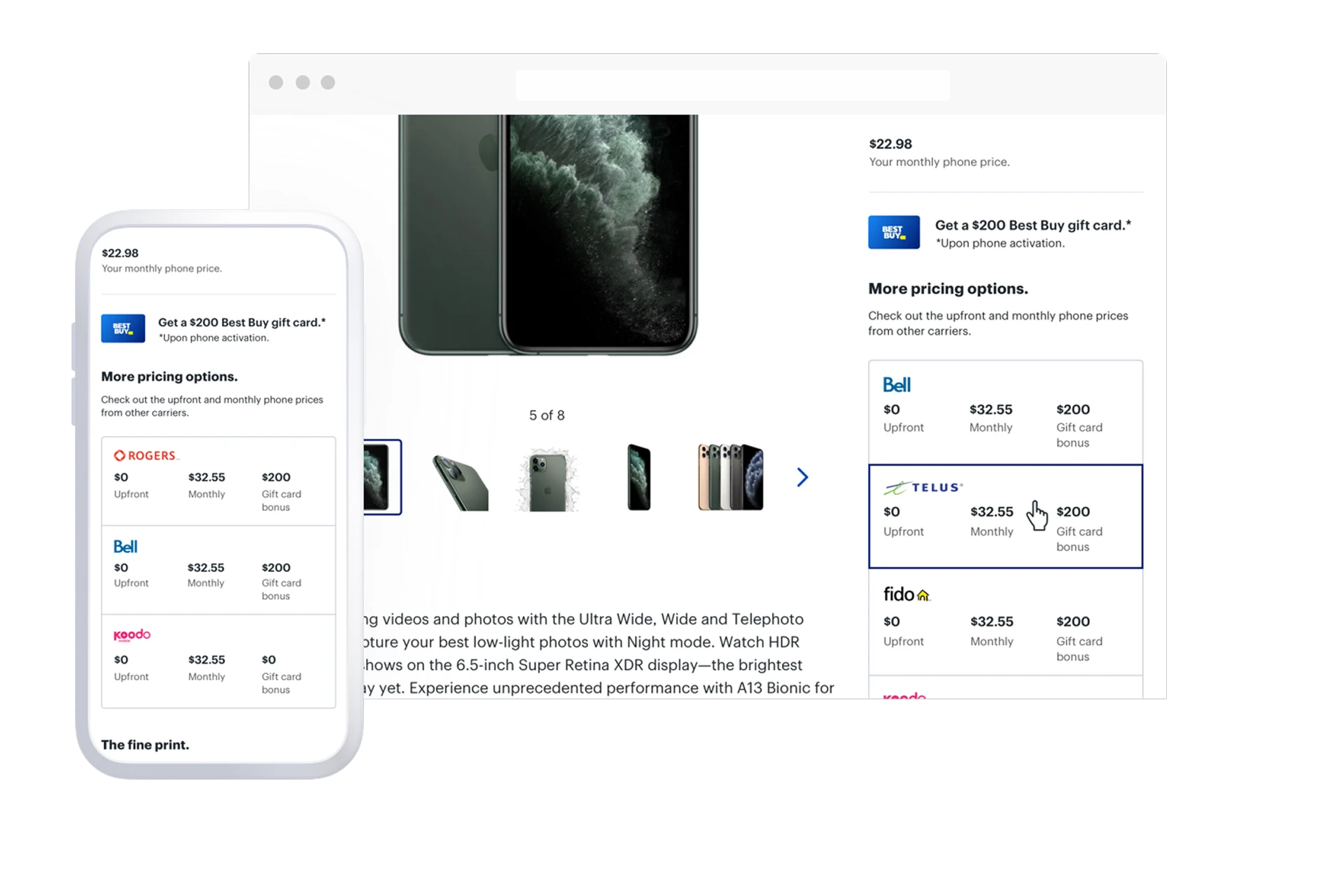Desktop browser and mobile phone mockups showing the same product details page with carrier pricing comparison