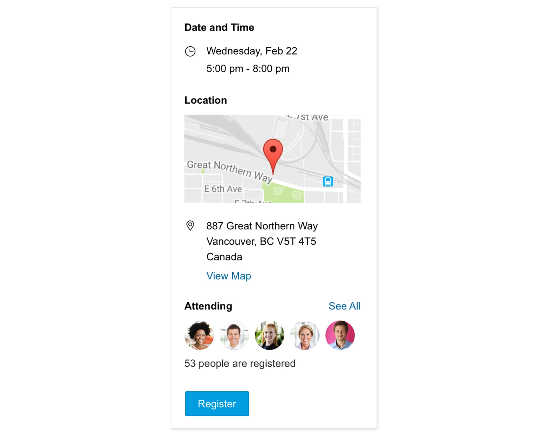 Event logistics column: date and time, location with a map preview and address, attendees with the number registered, and a Register button