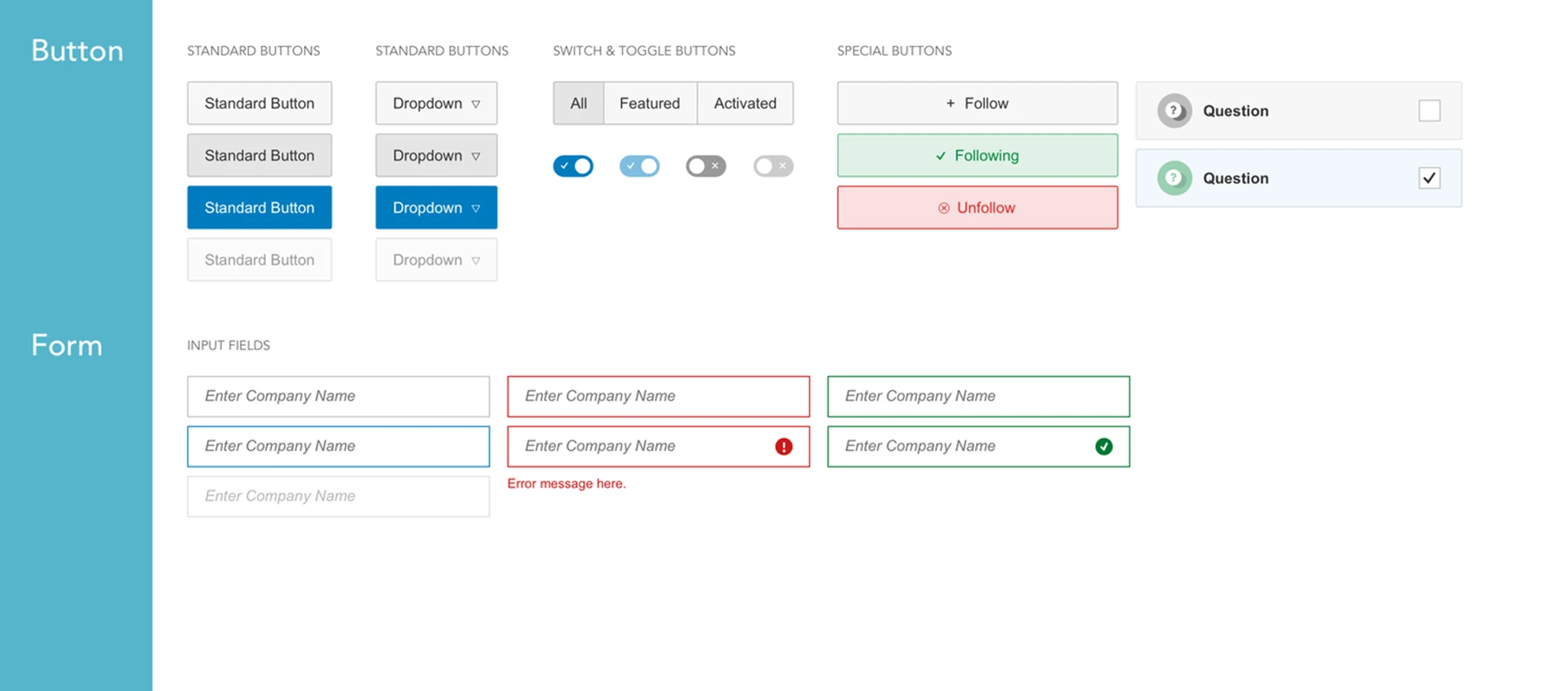 Styleguide buttons and forms page: standard, dropdown, switch, toggle and special button states above input fields in normal, error and success states