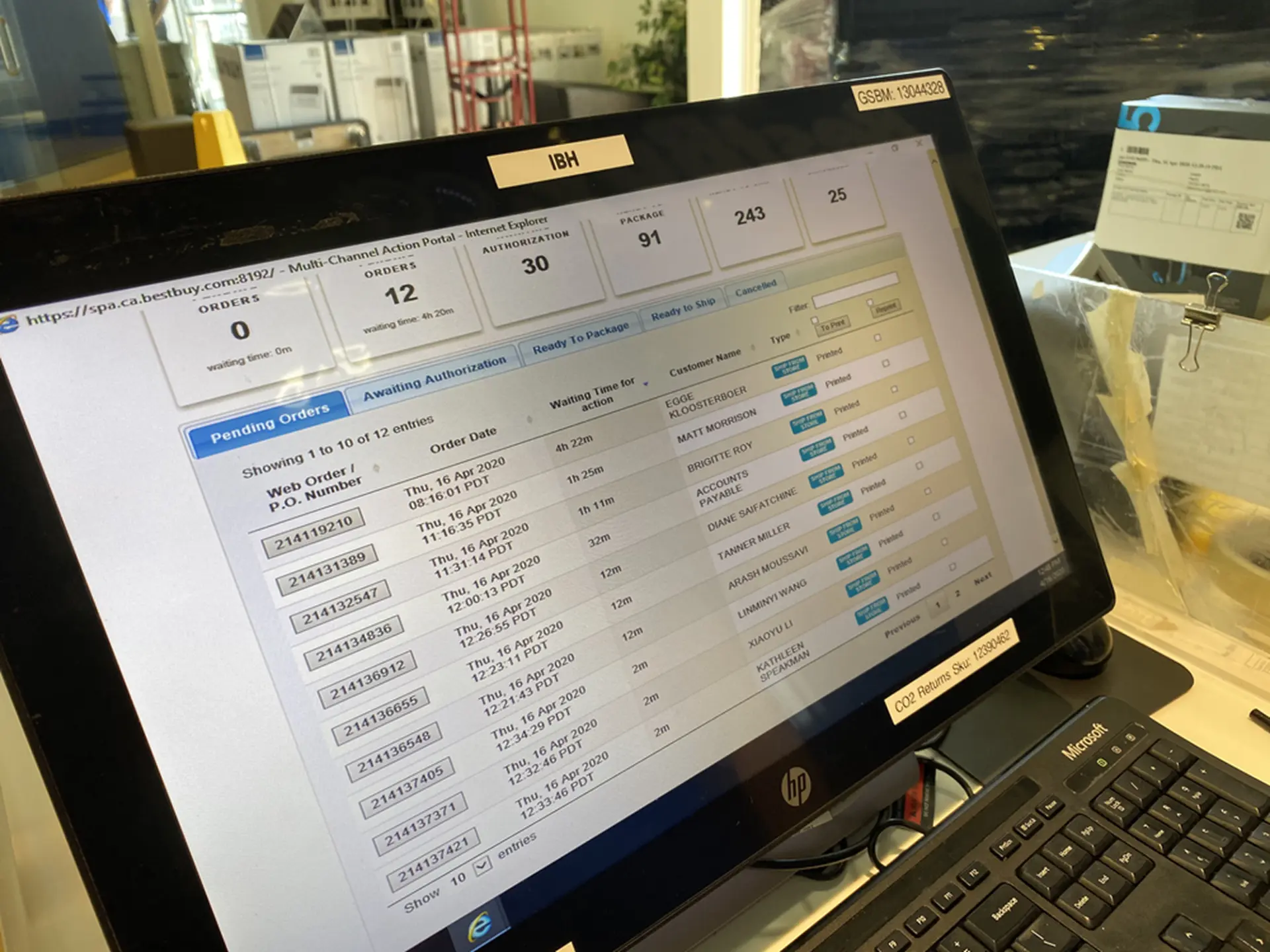 Best Buy internal order management tool showing pickup orders