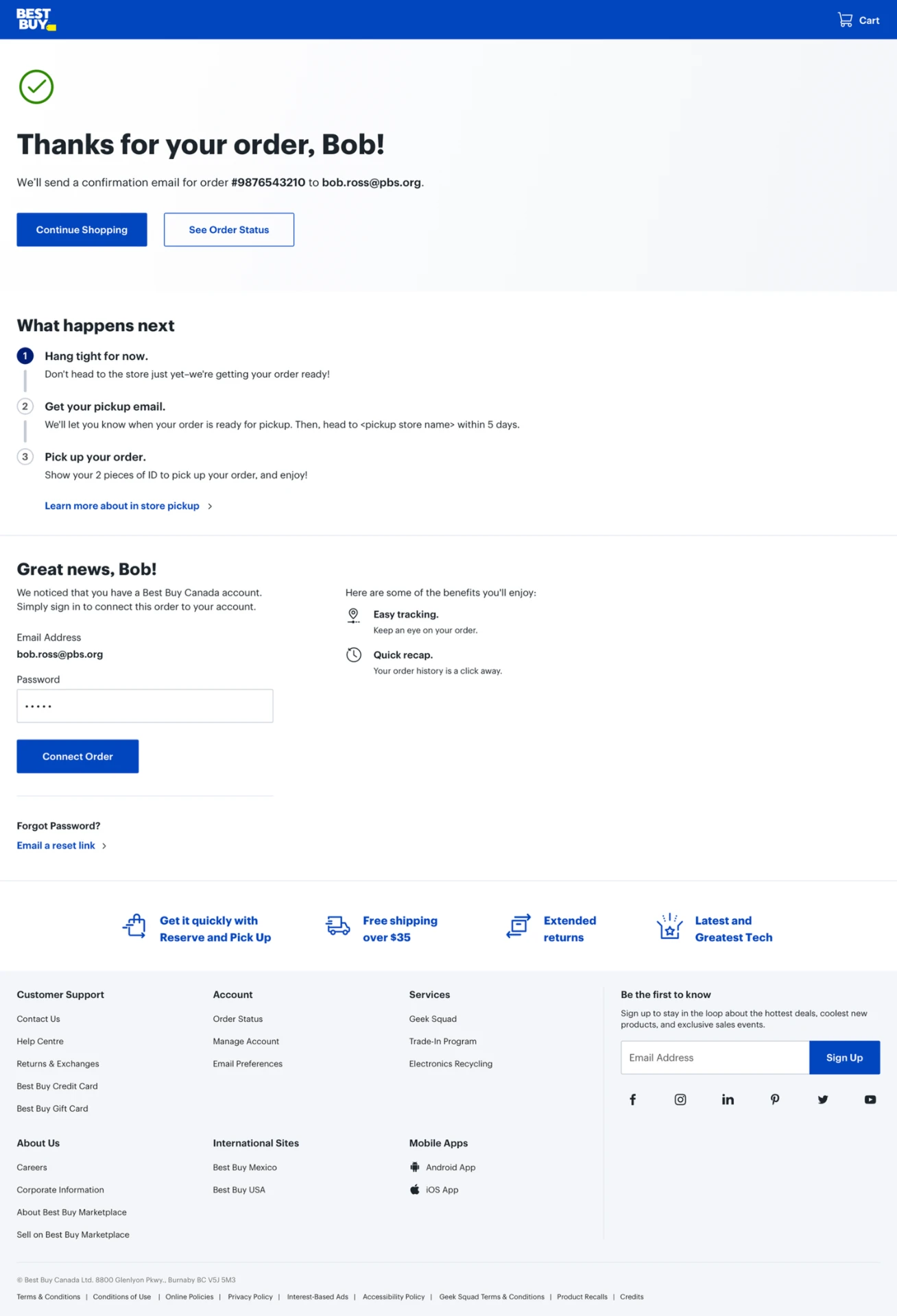 Iteration 2 confirmation page: order confirmation with a what-happens-next timeline and clear pickup instructions