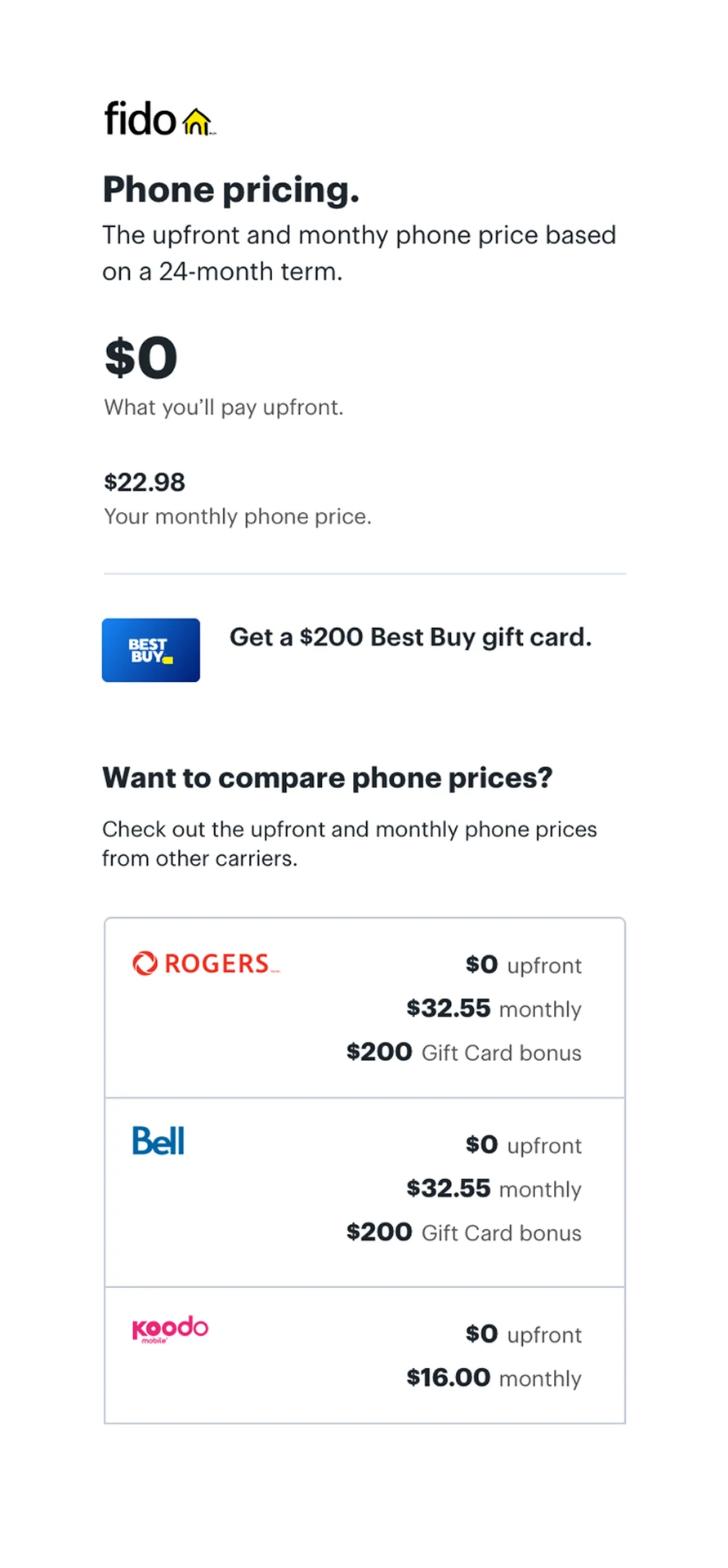 Iteration 3: mobile layout with the Fido pricing summary followed by stacked comparison cards for other carriers