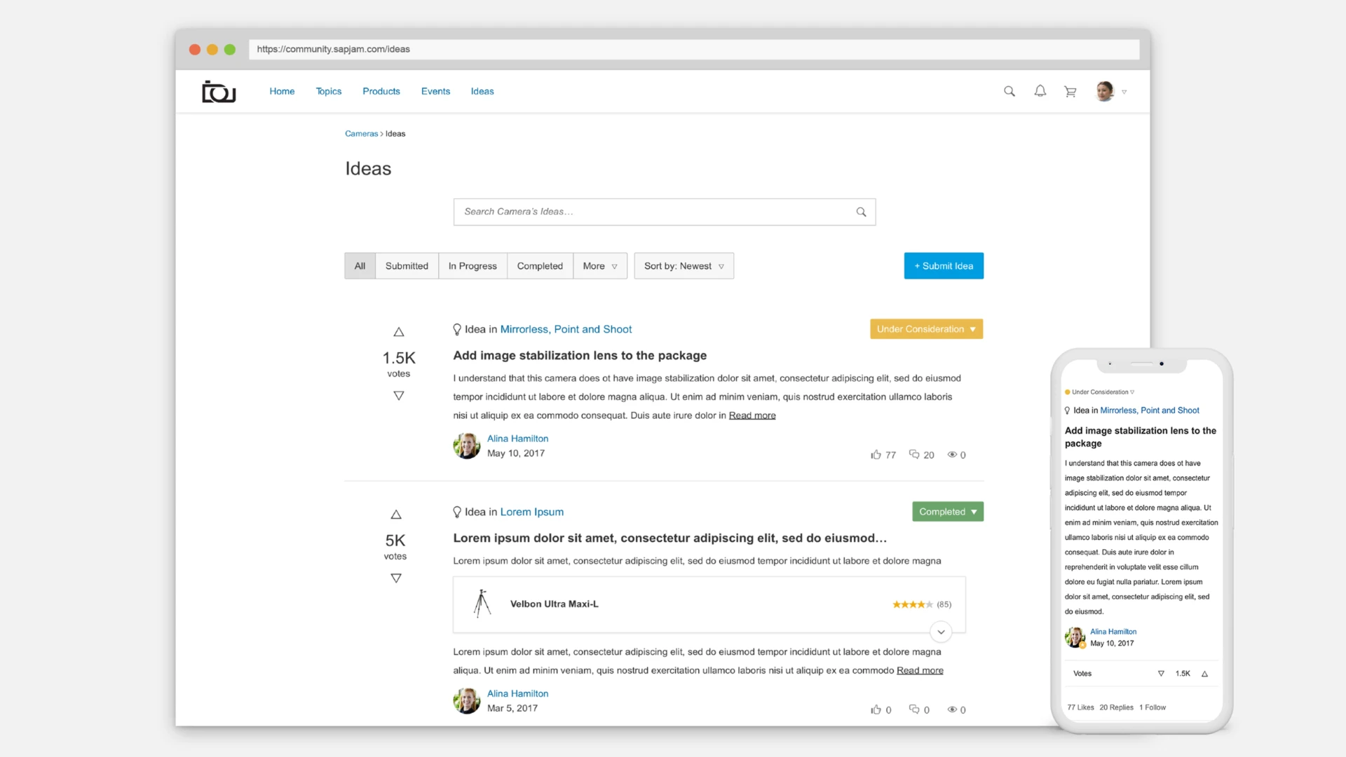 Ideas page on desktop and mobile: idea cards with vote counts, status pills such as Under Consideration and Completed, filters and a Submit Idea button