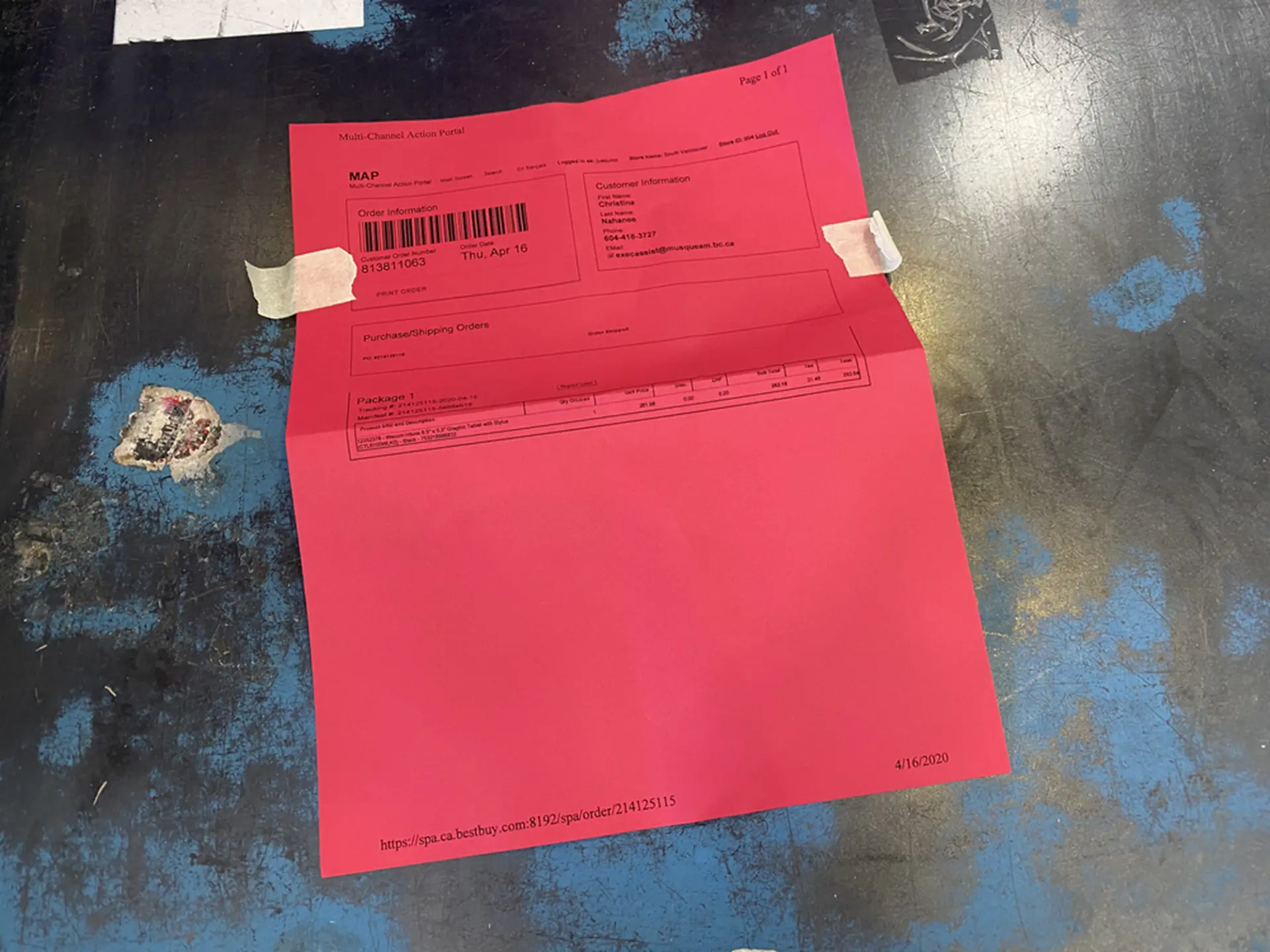 Paid pickup order printed on colored paper