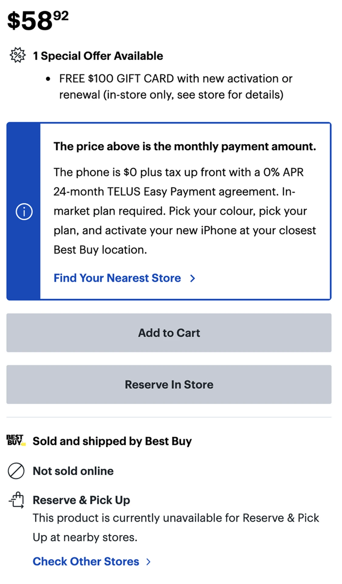 Before: the original product page pricing module with an unclear monthly price, disabled buttons and store pickup status