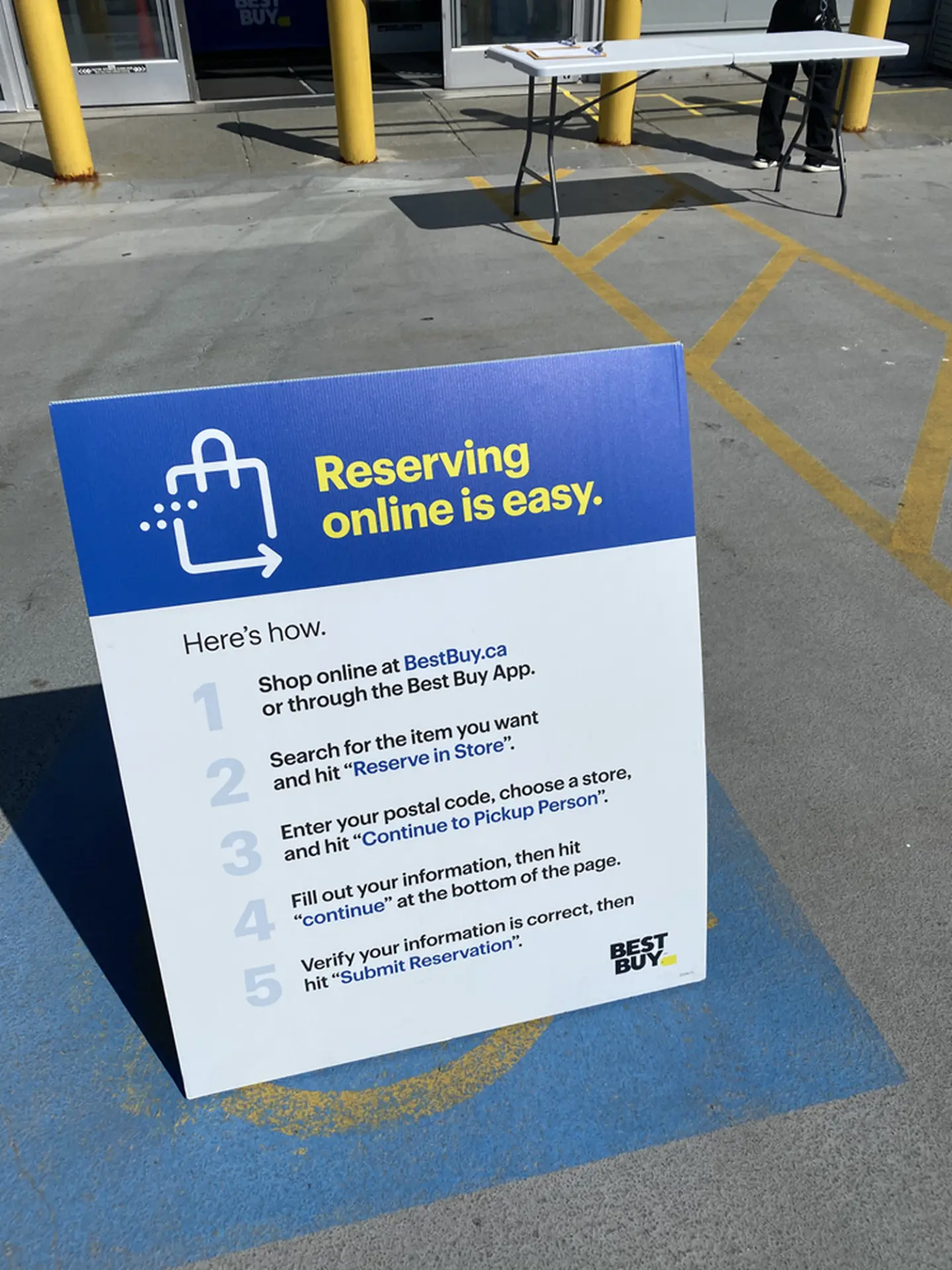 A-frame sidewalk sign titled 'Reserving online is easy' showing a five-step pickup guide