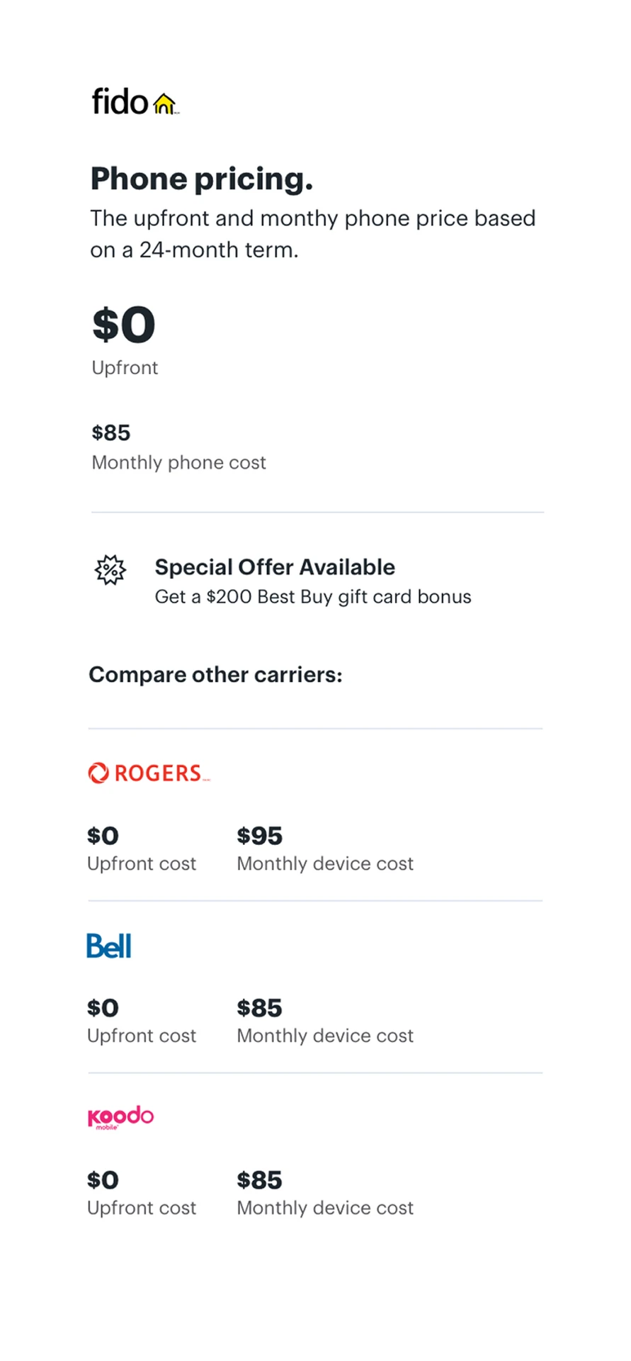 Iteration 2: mobile layout with a gift card bonus badge and side-by-side upfront versus monthly costs for each carrier