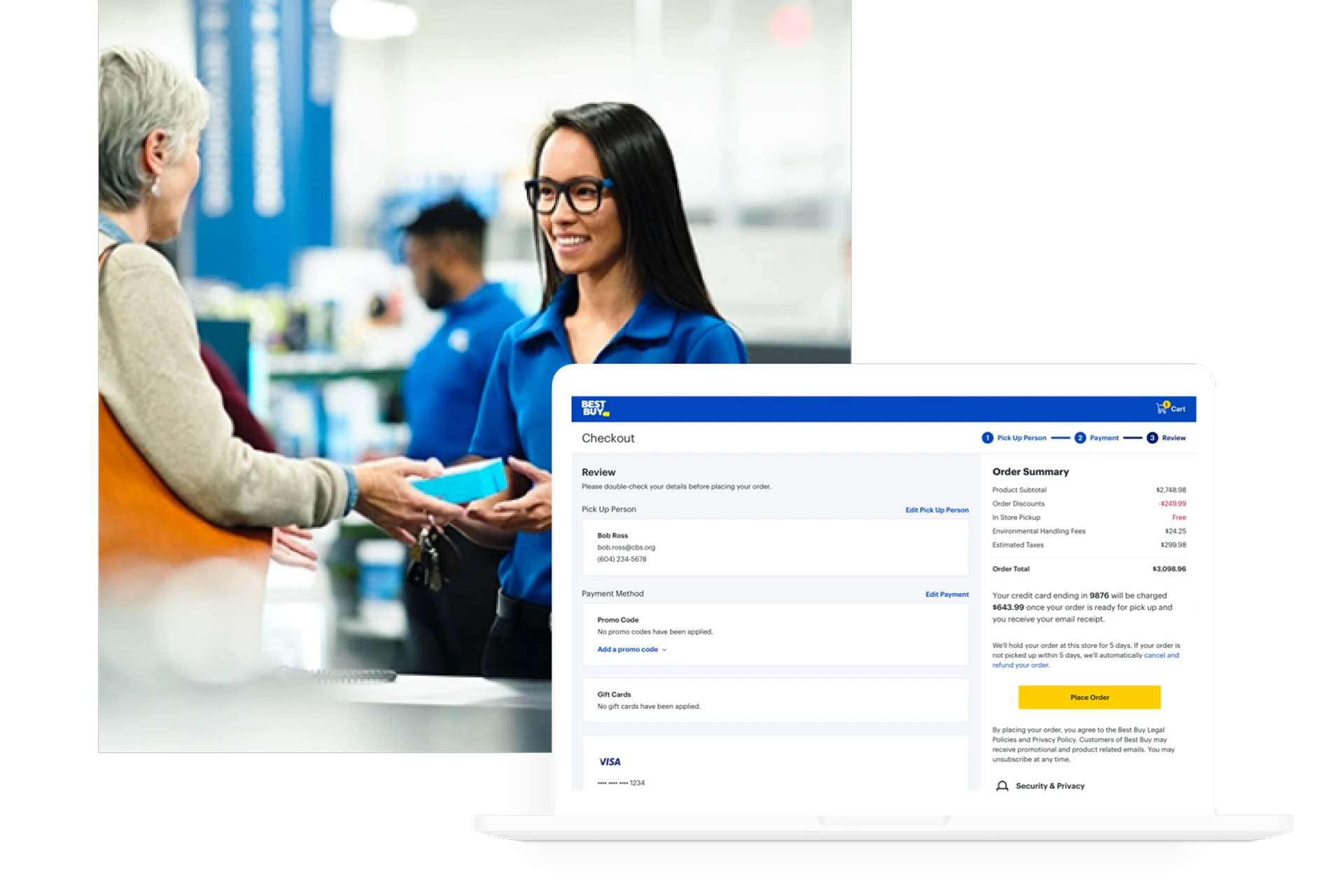 Store associate handing a pickup order to a customer beside a laptop showing the Best Buy checkout and review screen