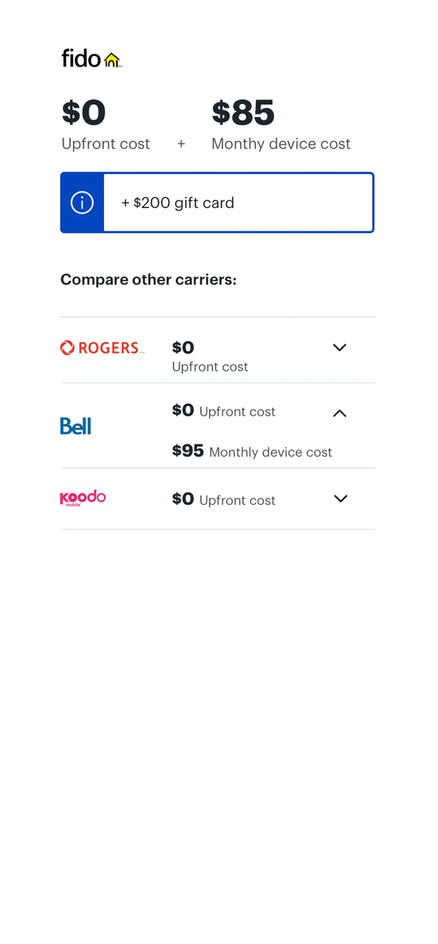 Iteration 1: mobile layout with Fido pricing, gift card callout and an expandable list comparing other carriers
