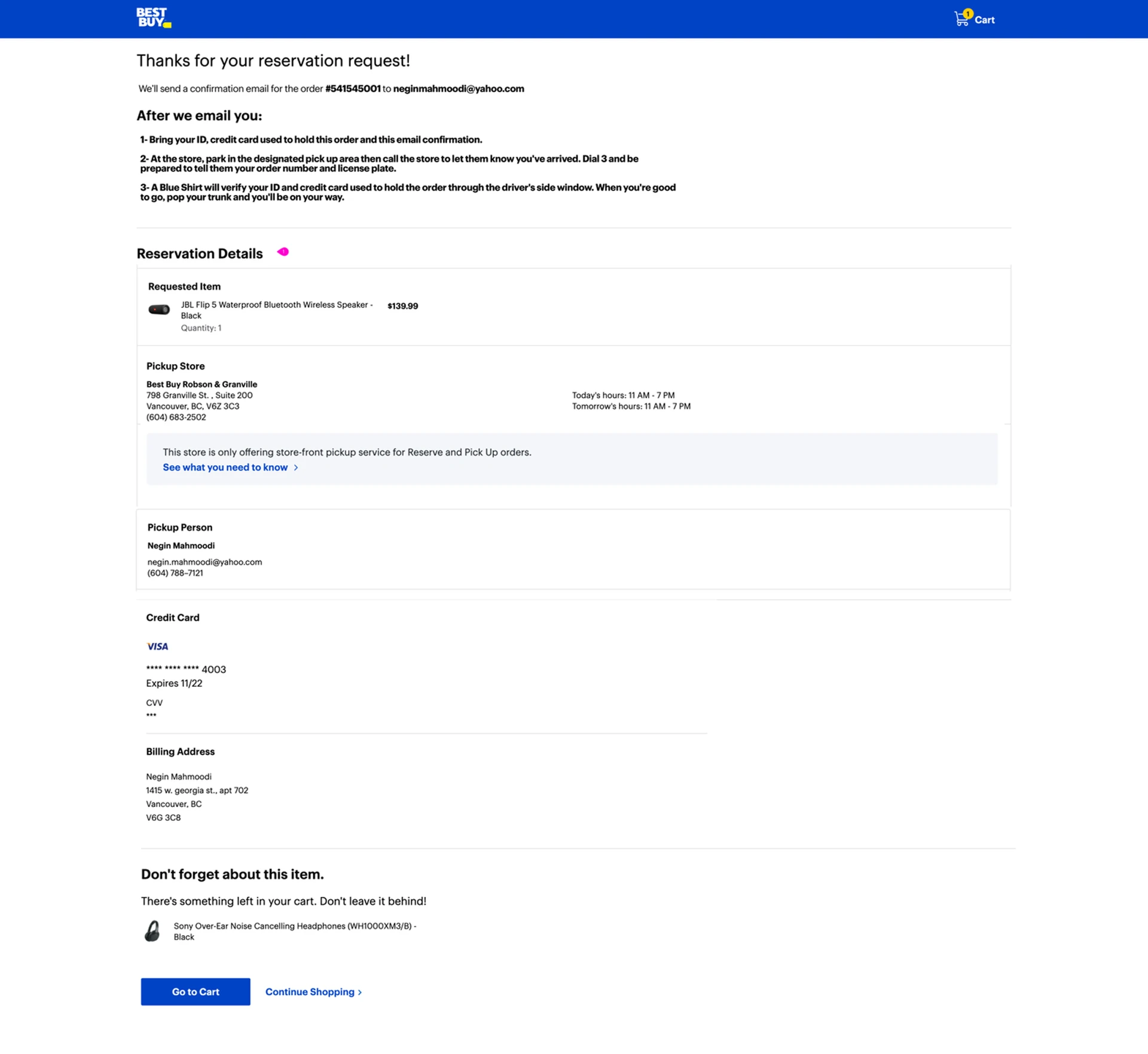 Iteration 1 confirmation page: reservation request summary with curbside pickup instructions, item details, store information and payment details