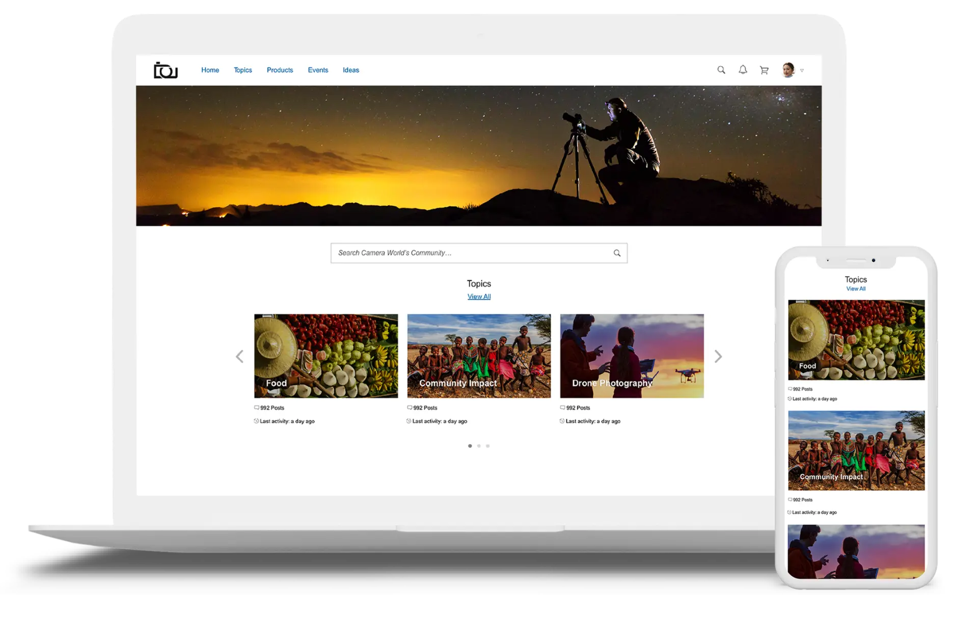 SAP Jam Communities shown on a laptop and a phone: a community home page with topics, products, events and ideas
