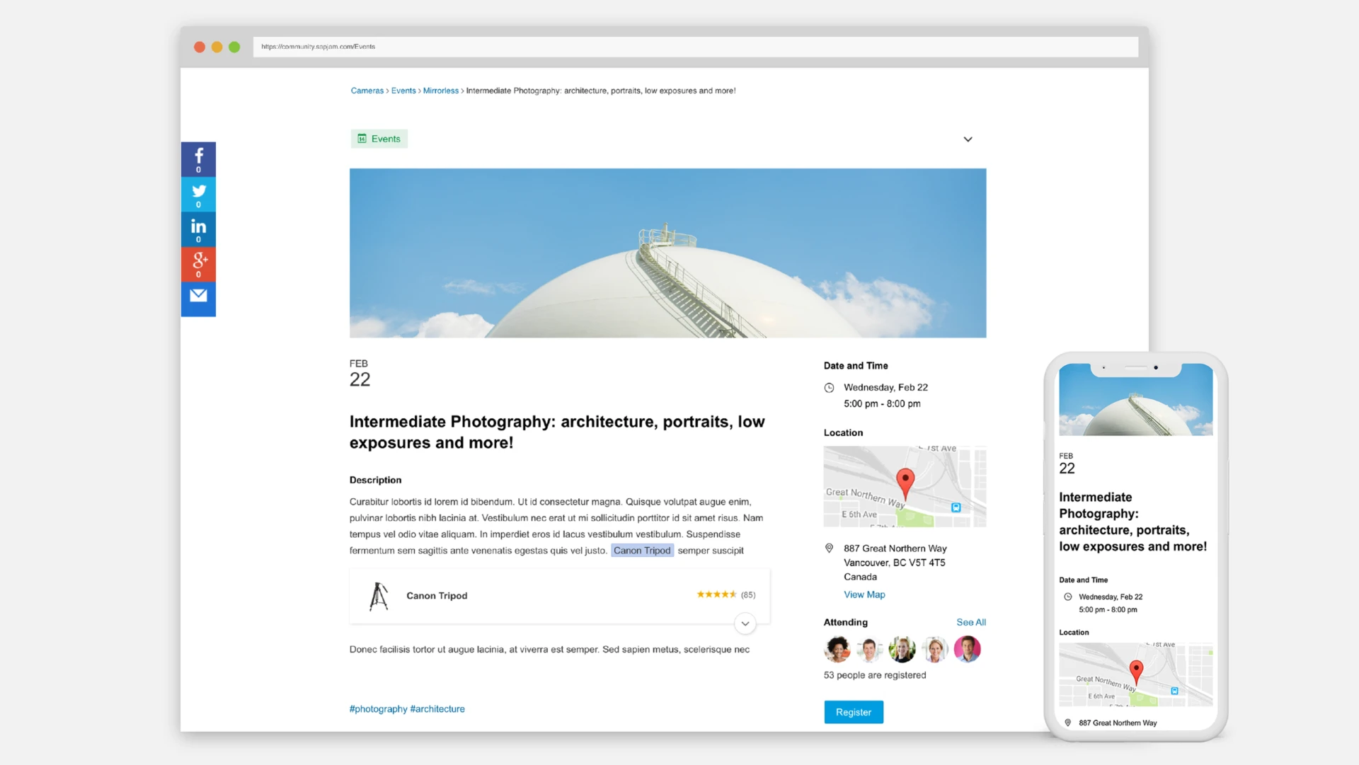 Event page on desktop and mobile: an intermediate photography event with date, description and logistics grouped in a side column