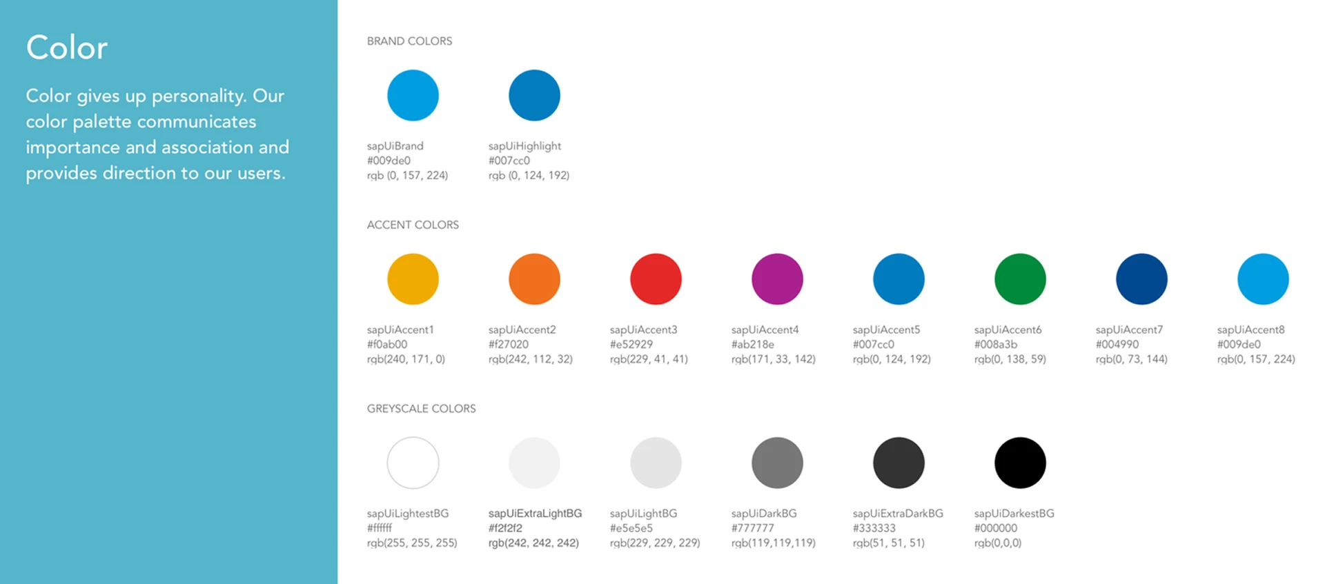 Styleguide colour page: brand, accent and greyscale swatches, each labelled with its token name, hex code and RGB values
