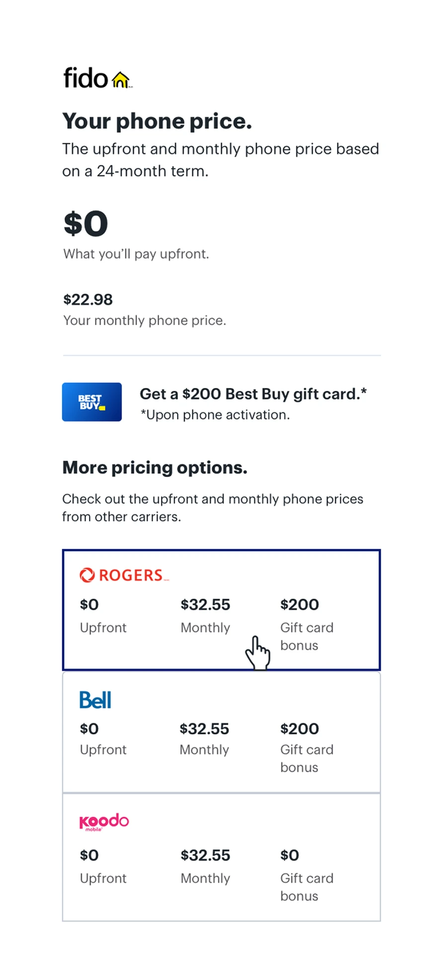 Iteration 4, the final mobile layout with a highlighted carrier option and upfront, monthly and gift card columns